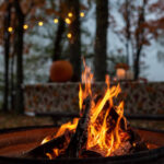 Closeup of glowing outdoor campfire in fall